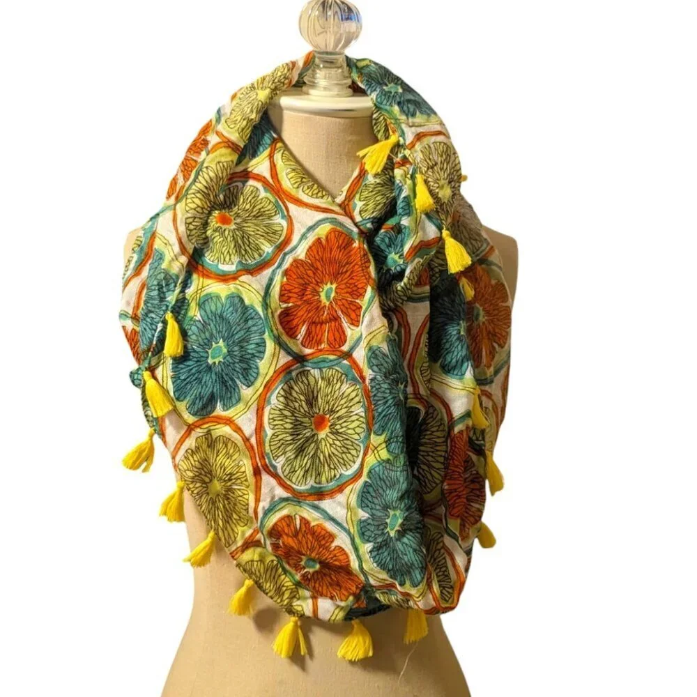 NWT Charming Charlie Scarf Orange Lime Citrus Splash Tassel Fringe Infinity Boho